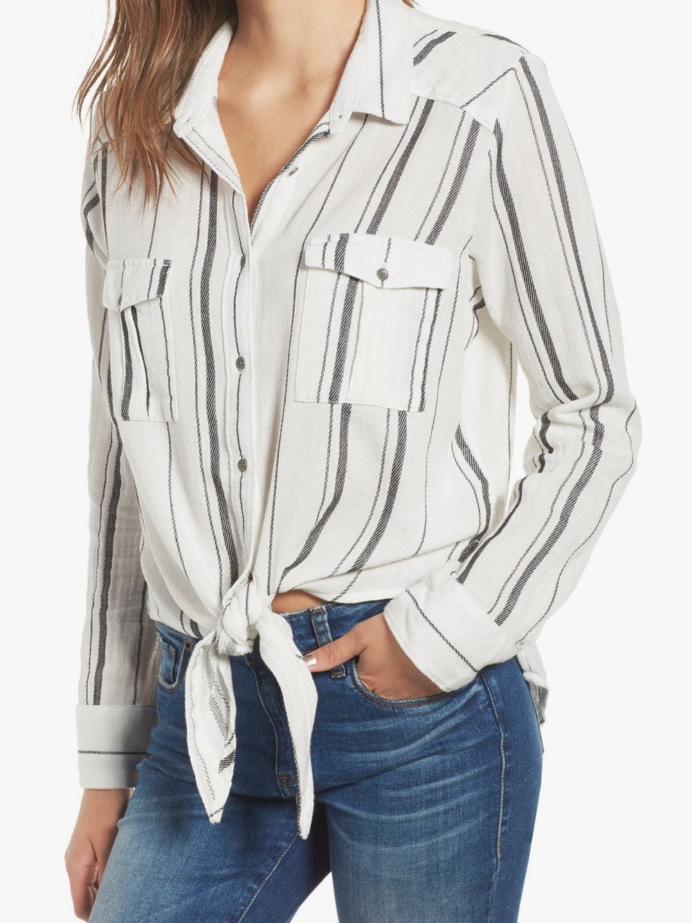 Billabong Striped Tie-Front Button-Up Shirt - White/Black size medium